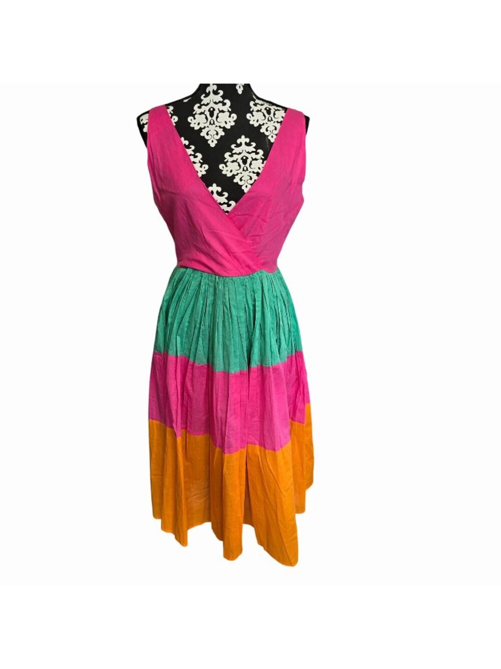 Mira Small Sleeveless Cotton Midi Sun Dress Green/Pink/Orange Colorblock Boho